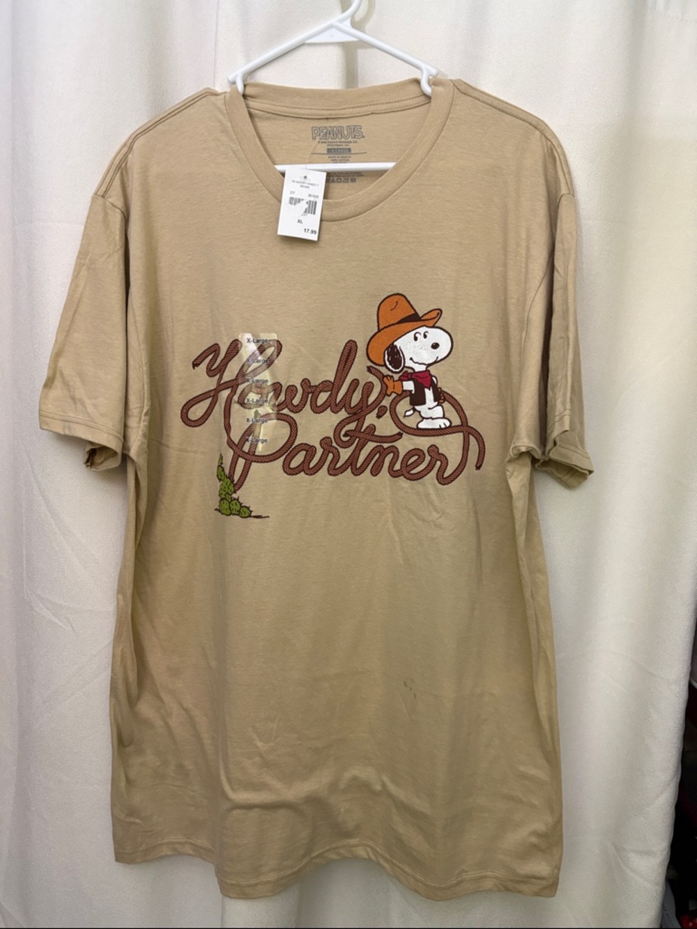 🥜🆕🥜 Peanuts Beige Snoopy 'Howdy Partner' Graphic Tee~Size XL